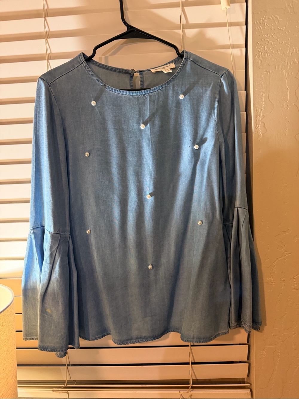 beachlunchlounge Light Blue Pearl-Embellished Chambray Blouse
